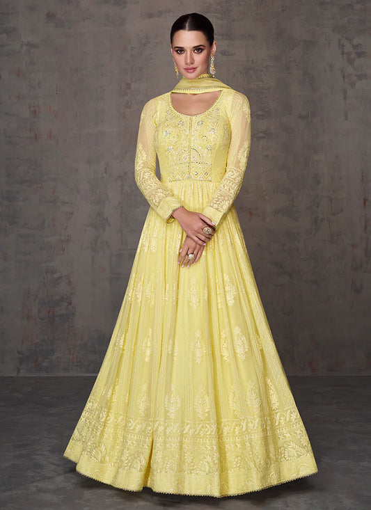 Lucknowi Mirror Work Yellow Anarkali Gown