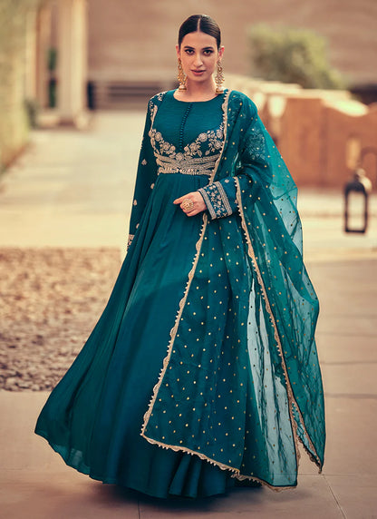 Gorgeous Turquoise Embroidered Anarkali Dress