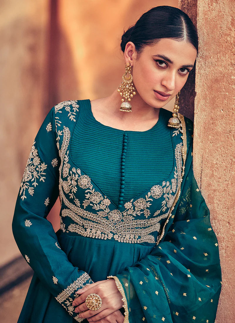 Gorgeous Turquoise Embroidered Anarkali Dress