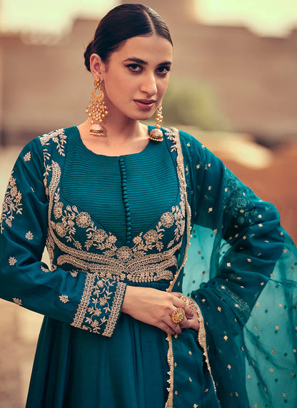 Gorgeous Turquoise Embroidered Anarkali Dress