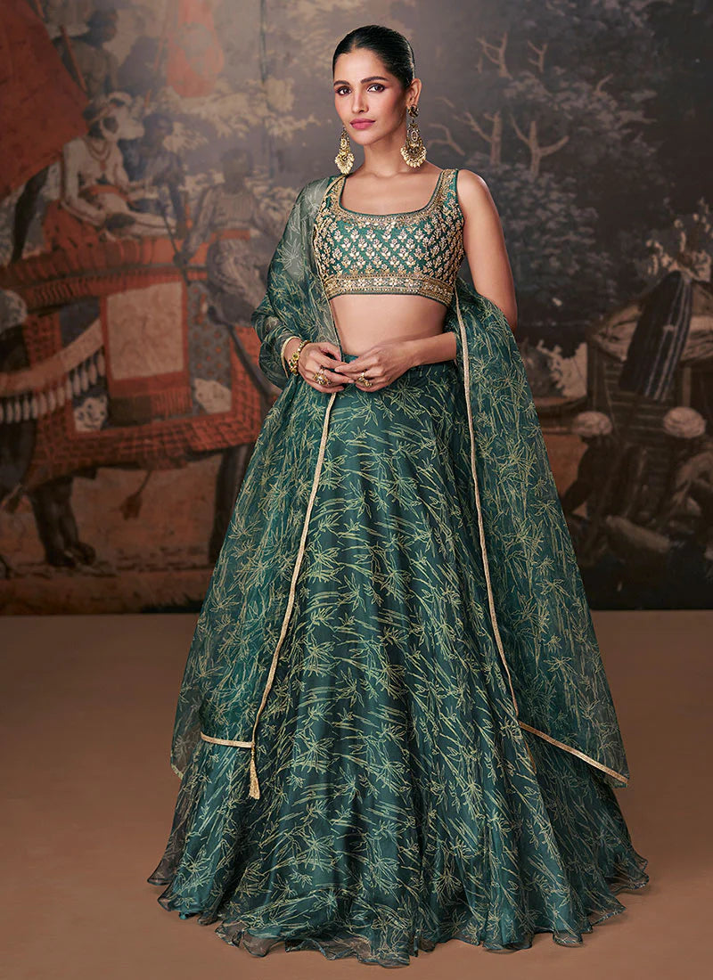 Festive Green Golden Print Lehenga Choli with Stylish Designer Blouse