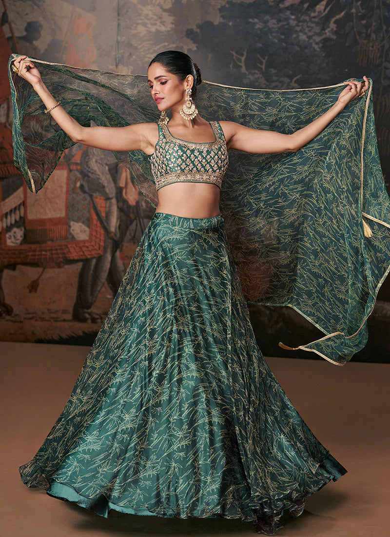 Festive Green Golden Print Lehenga Choli with Stylish Designer Blouse