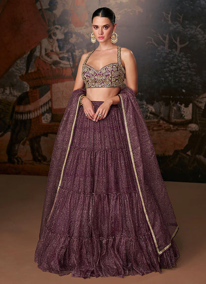 Festive Burgundy Print Lehenga Choli with Stylish Designer Blouse