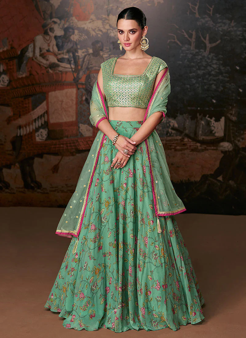 Festive Light Green Print Lehenga Choli with Stylish Designer Blouse