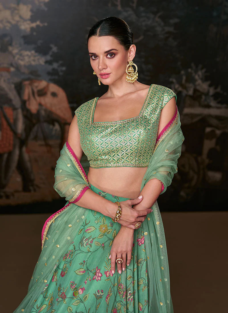 Festive Light Green Print Lehenga Choli with Stylish Designer Blouse