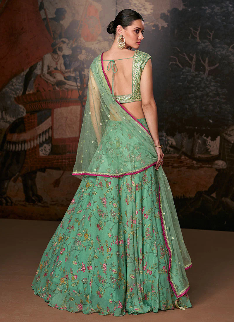 Festive Light Green Print Lehenga Choli with Stylish Designer Blouse