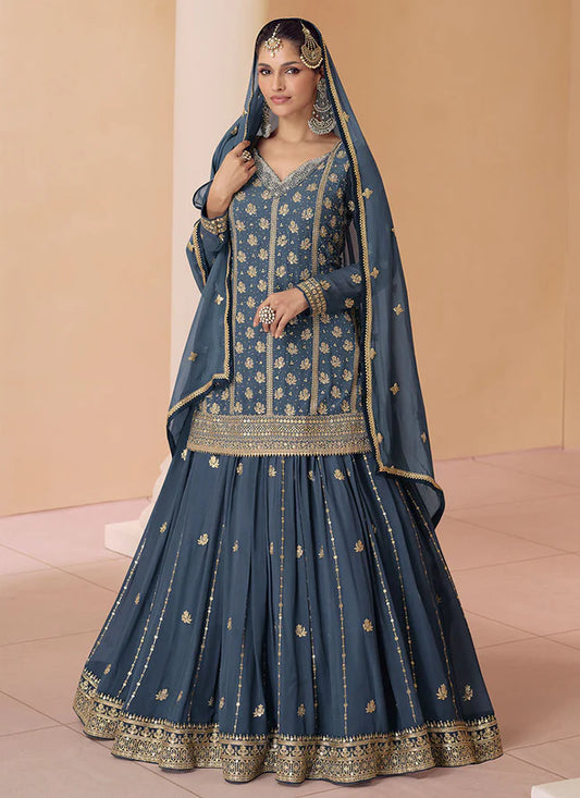 Royal Blue Multi-Embroidered Wedding Lehenga Kurti with Dupatta