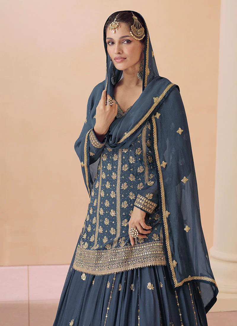 Royal Blue Multi-Embroidered Wedding Lehenga Kurti with Dupatta