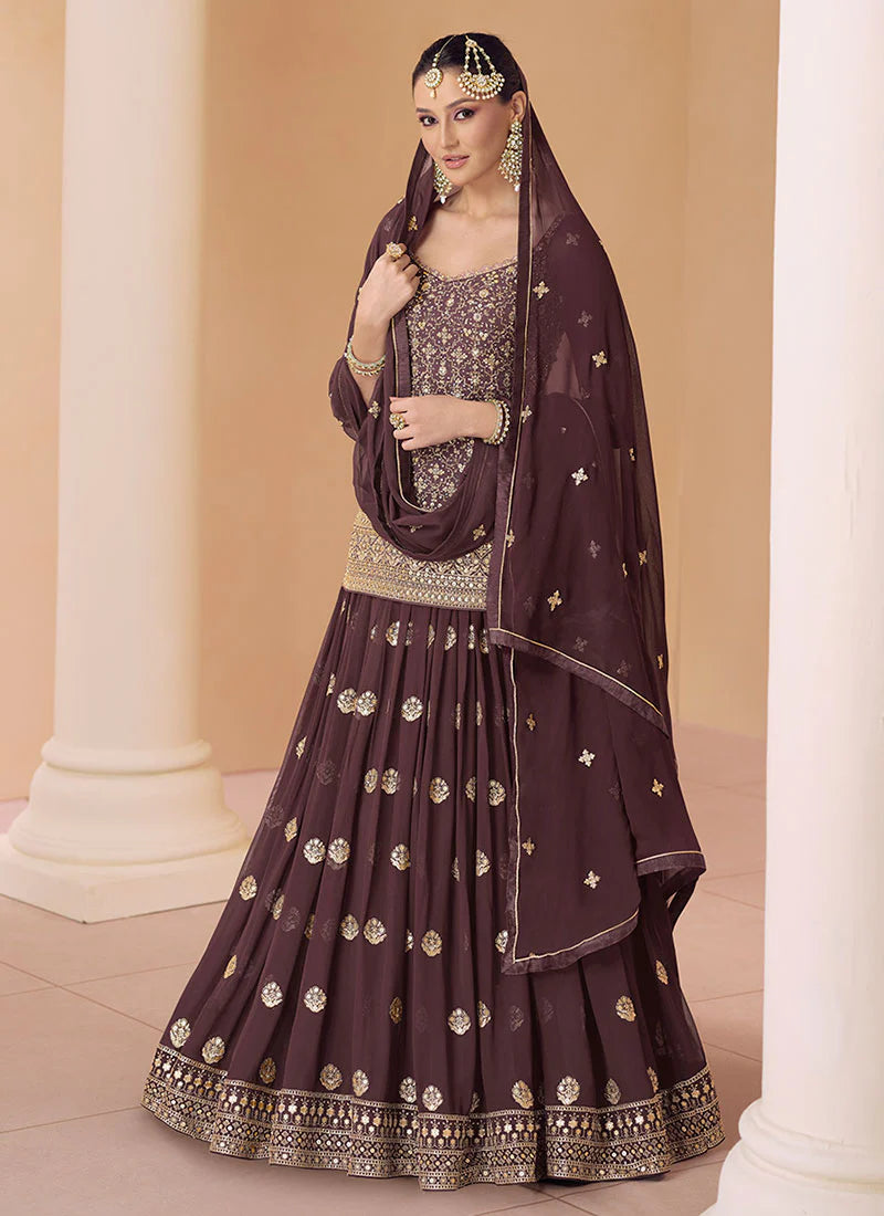 Royal Brown Multi-Embroidered Wedding Lehenga Kurti with Dupatta