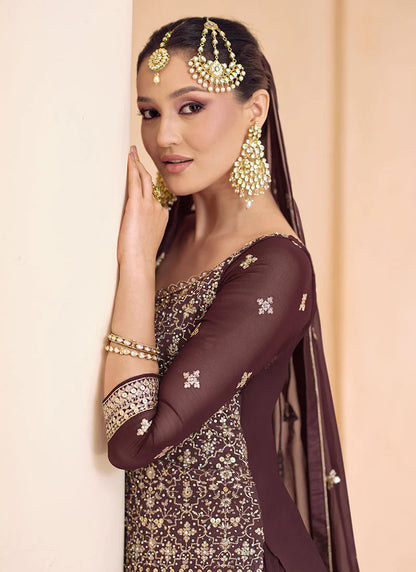 Royal Brown Multi-Embroidered Wedding Lehenga Kurti with Dupatta