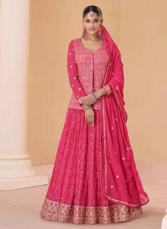 Royal Rani Pink Multi-Embroidered Wedding Lehenga Kurti with Dupatta