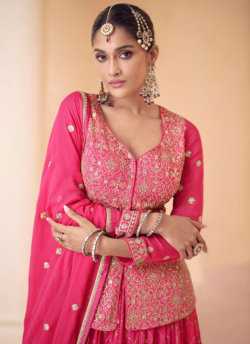 Royal Rani Pink Multi-Embroidered Wedding Lehenga Kurti with Dupatta