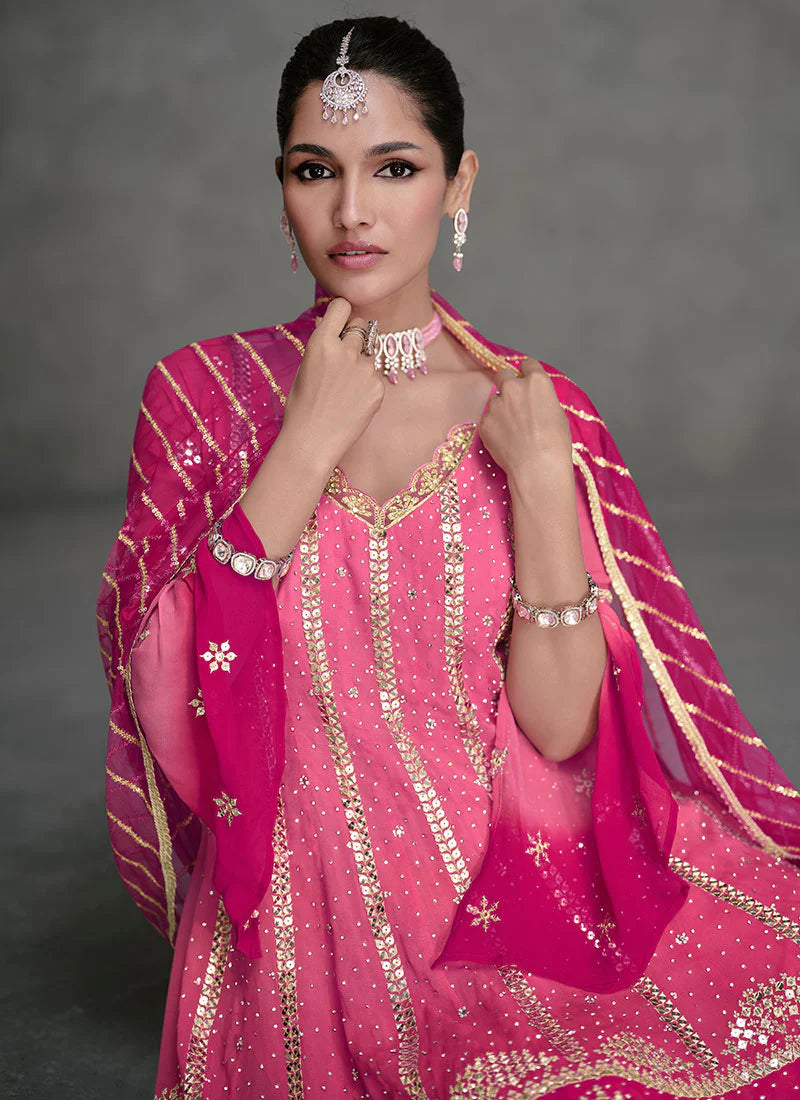 Designer Pink Sharara Suit with Golden Sequins