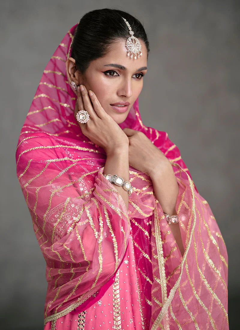 Designer Pink Sharara Suit with Golden Sequins