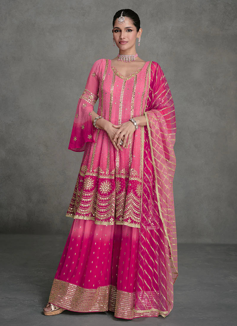 Designer Pink Sharara Suit with Golden Sequins