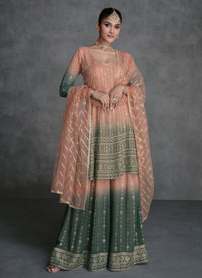 Designer Peach Green Sharara Suit with Golden Sequins