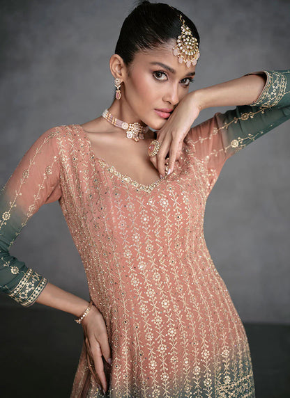 Designer Peach Green Sharara Suit with Golden Sequins