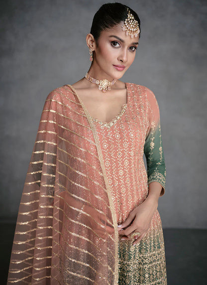 Designer Peach Green Sharara Suit with Golden Sequins