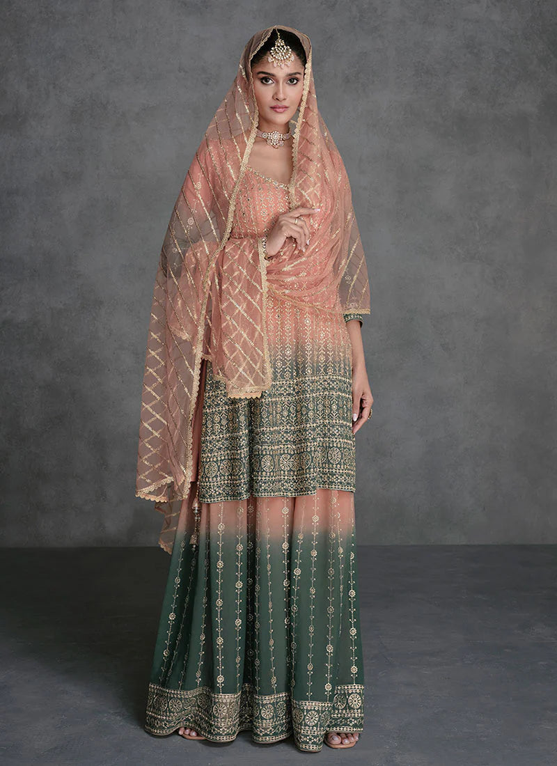 Designer Peach Green Sharara Suit with Golden Sequins