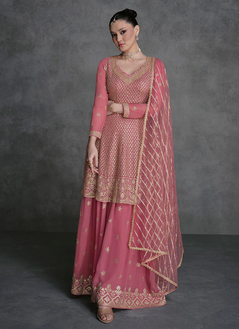 Designer Pink Sharara Suit with Golden Sequins