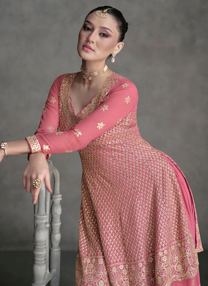 Designer Pink Sharara Suit with Golden Sequins