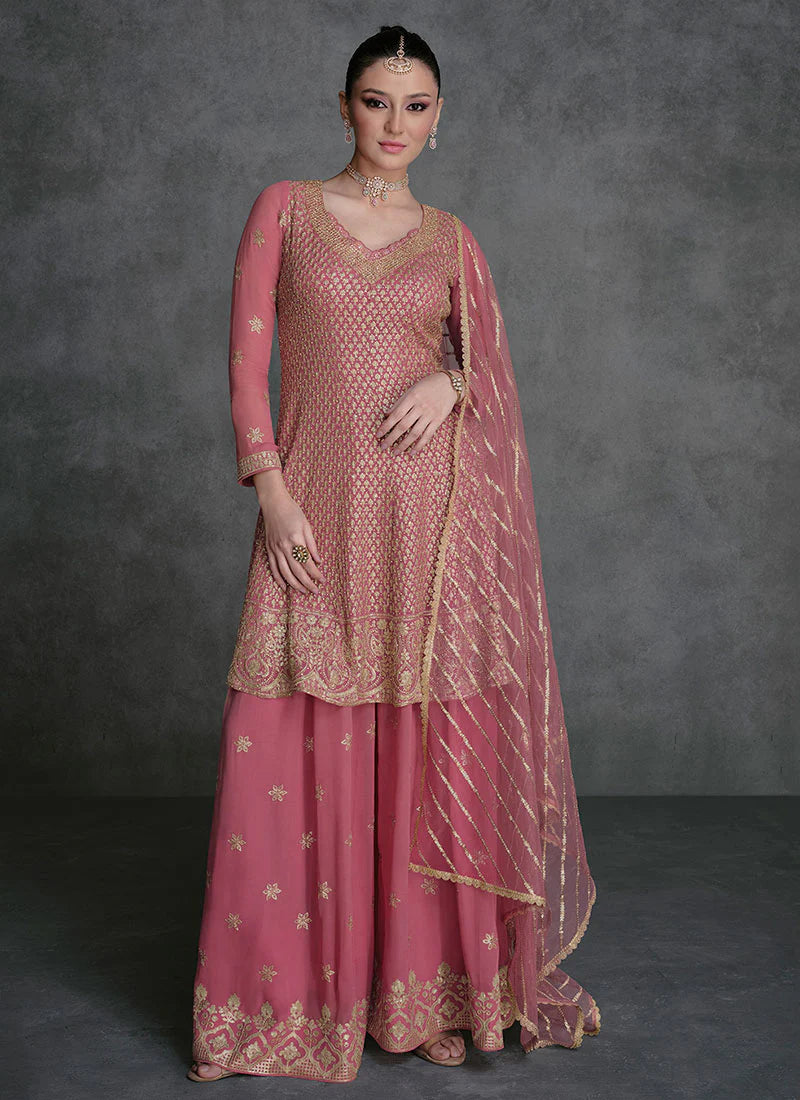 Designer Pink Sharara Suit with Golden Sequins