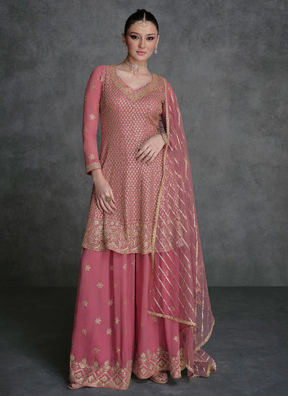 Designer Pink Sharara Suit with Golden Sequins