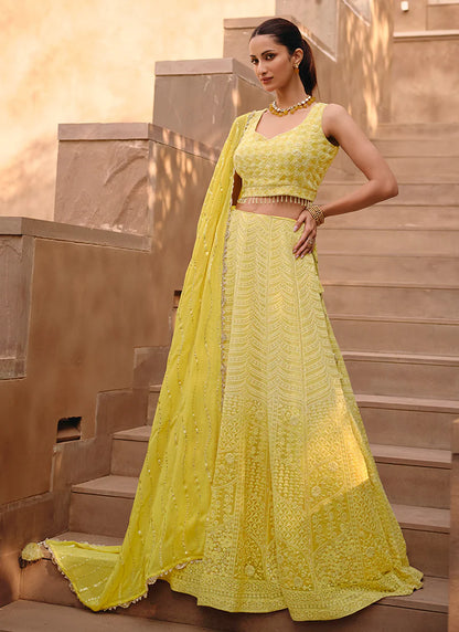 Designer Yellow Lehenga Choli Featuring Lucknowi Embroidery