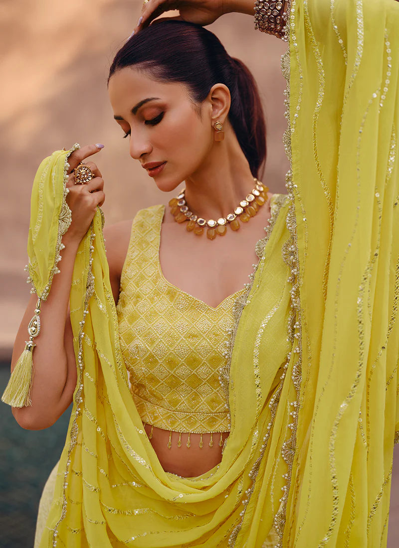 Designer Yellow Lehenga Choli Featuring Lucknowi Embroidery