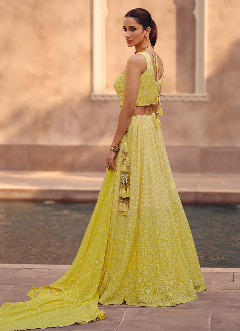 Designer Yellow Lehenga Choli Featuring Lucknowi Embroidery