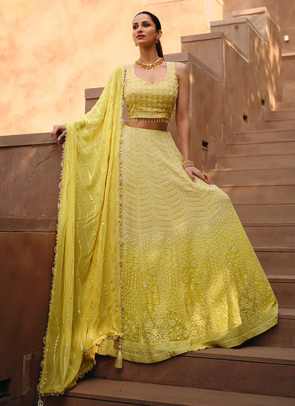 Designer Yellow Lehenga Choli Featuring Lucknowi Embroidery