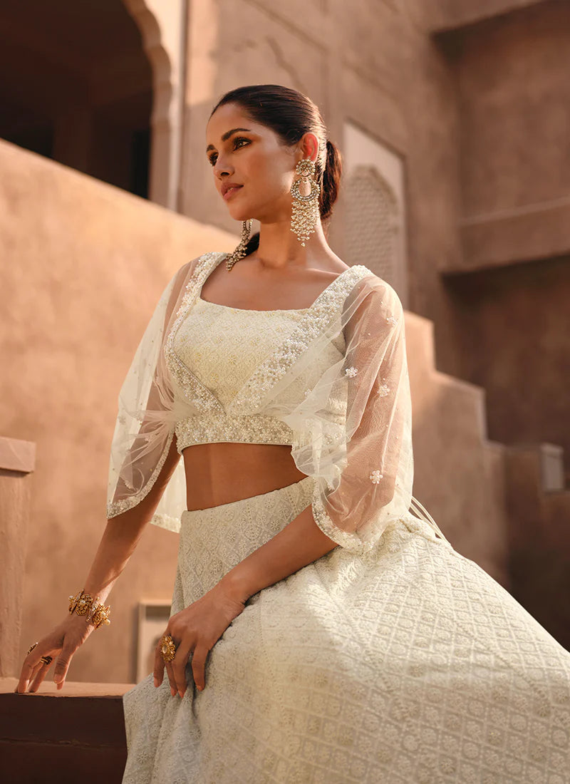 Designer Off White Lehenga Choli Featuring Lucknowi Embroidery