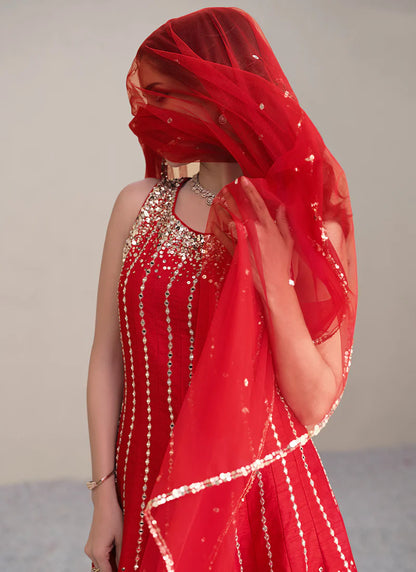 Golden Sequin Embroidered Red Anarkali Pant Suit