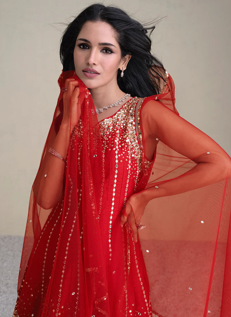 Golden Sequin Embroidered Red Anarkali Pant Suit