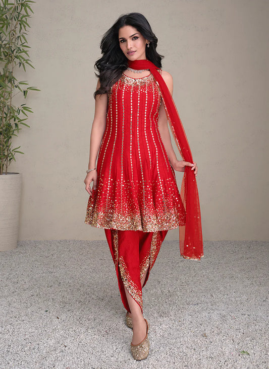 Golden Sequin Embroidered Red Anarkali Pant Suit