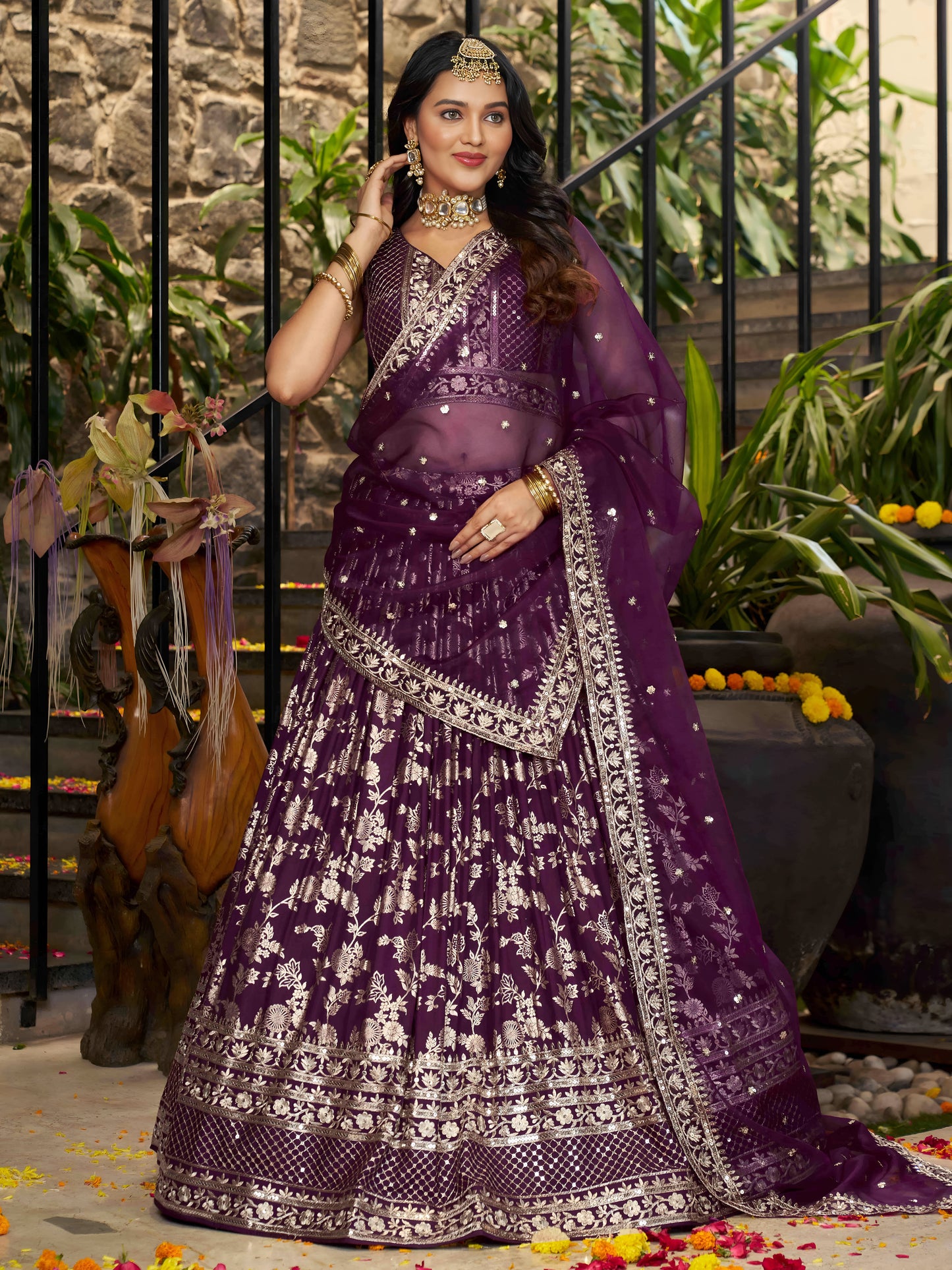 Wine Dola Silk Lehenga Choli for Indian Festive Parties and Bridesmaid Styling – Thread and Mirror Detailing