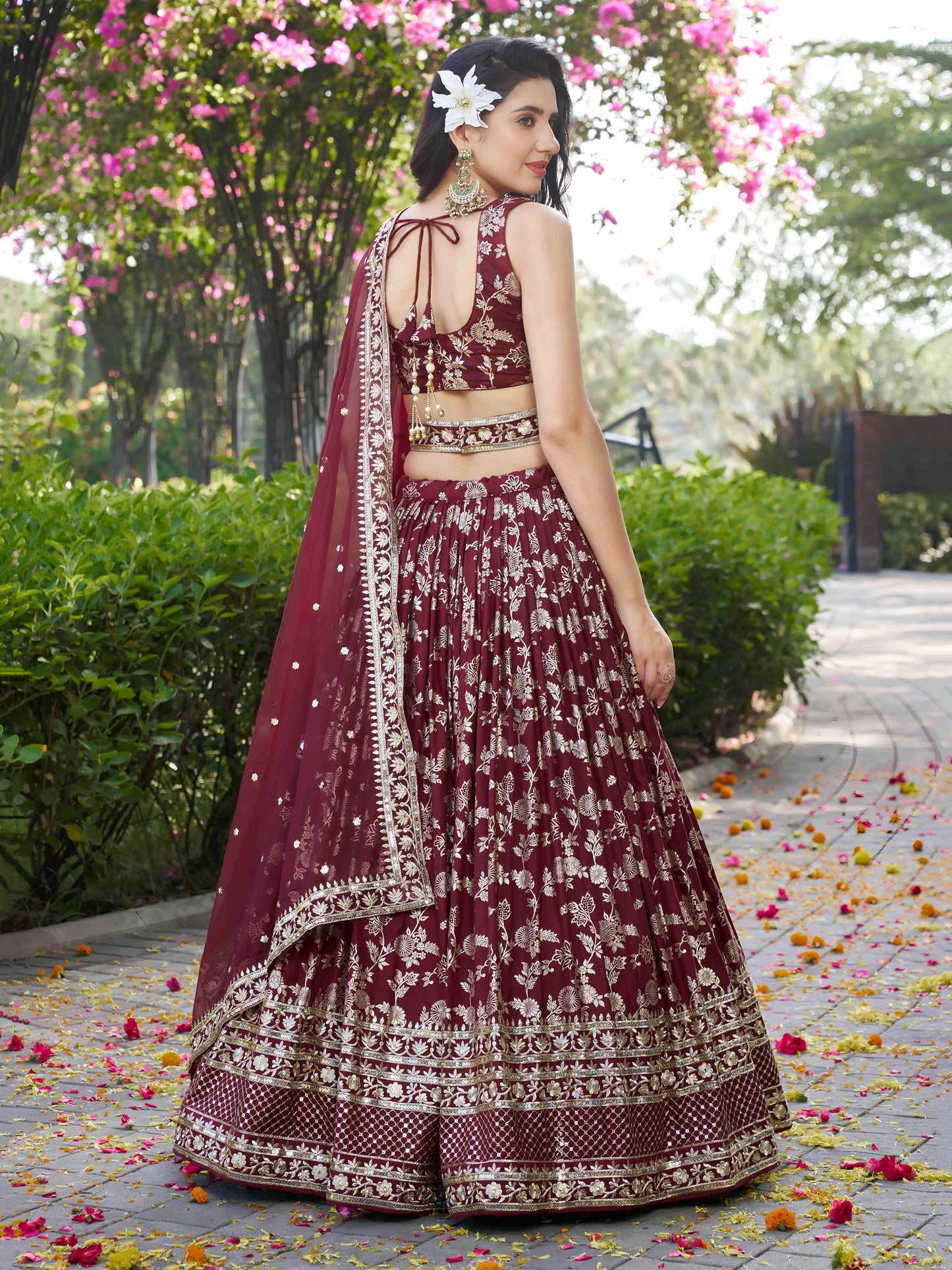 Marron Dola Silk Embroidered Lehenga Choli for Pakistani Festival and Wedding Functions – With Dupatta