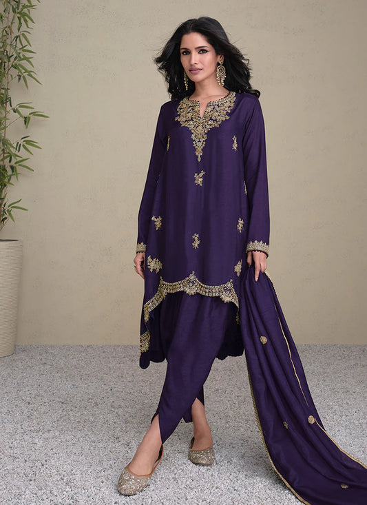 Golden Sequin Embroidered Purple Pant Suit