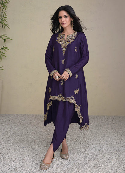 Golden Sequin Embroidered Purple Pant Suit