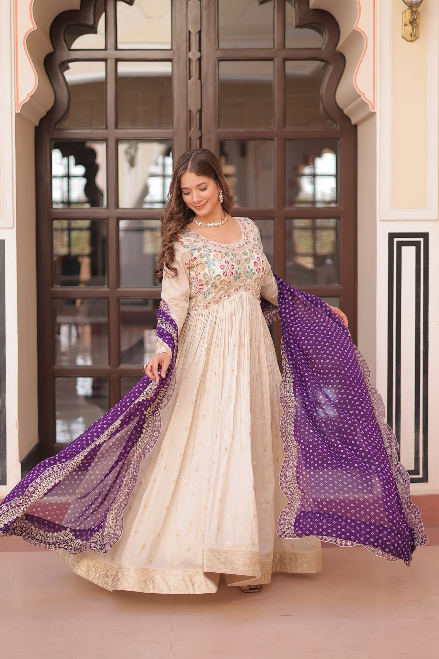 Off White Anarkali Suit With Purple Bandhani Dupatta For Indian Wedding and Pakistani Festivals – MULTI THREAD, MIRROR, EMBROIDERY WORK