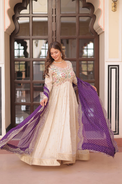 Off White Anarkali Suit With Purple Bandhani Dupatta For Indian Wedding and Pakistani Festivals – MULTI THREAD, MIRROR, EMBROIDERY WORK