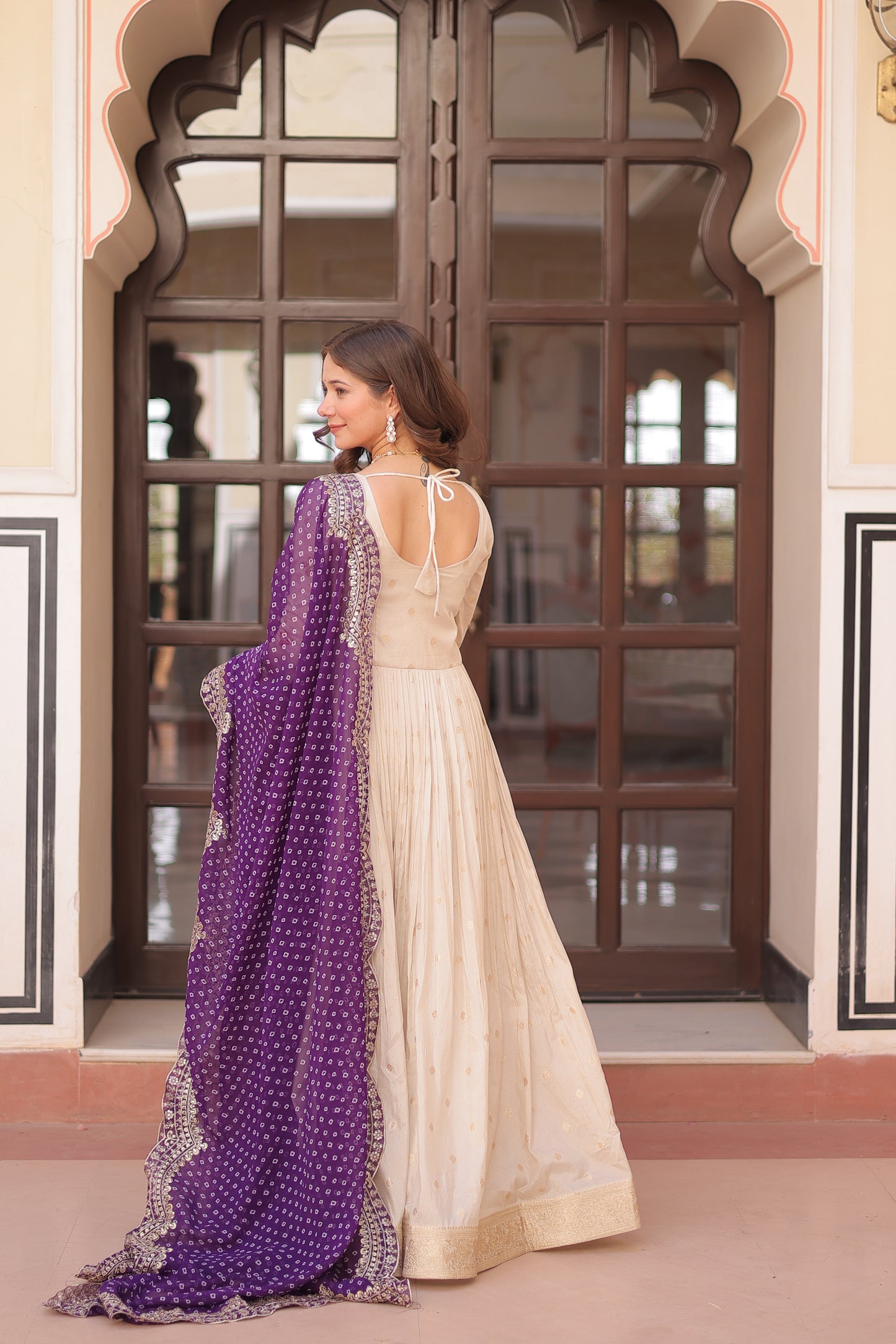 Off White Anarkali Suit With Purple Bandhani Dupatta For Indian Wedding and Pakistani Festivals – MULTI THREAD, MIRROR, EMBROIDERY WORK
