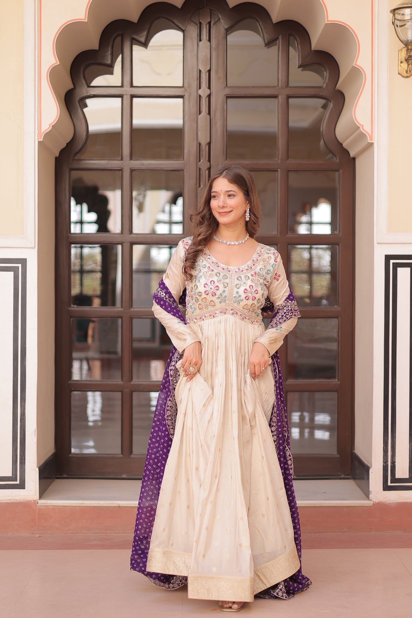 Off White Anarkali Suit With Purple Bandhani Dupatta For Indian Wedding and Pakistani Festivals – MULTI THREAD, MIRROR, EMBROIDERY WORK