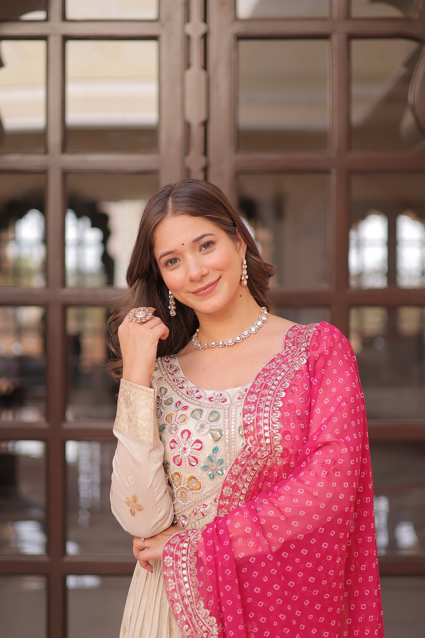 Off White Anarkali Suit With Pink Bandhani Dupatta For Indian Wedding and Pakistani Festivals – MULTI THREAD, MIRROR, EMBROIDERY WORK