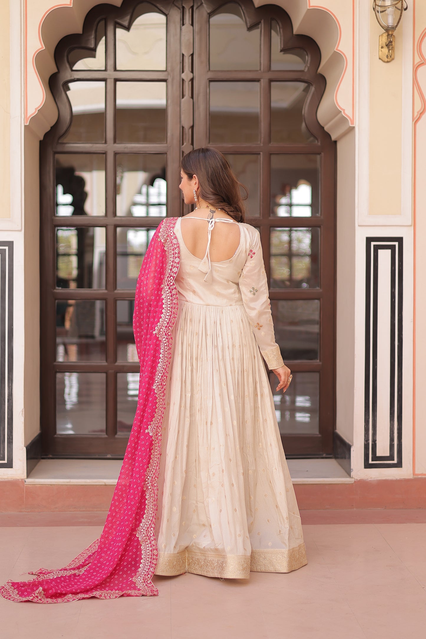 Off White Anarkali Suit With Pink Bandhani Dupatta For Indian Wedding and Pakistani Festivals – MULTI THREAD, MIRROR, EMBROIDERY WORK