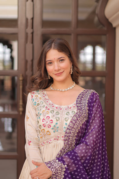 Off White Anarkali Suit With Purple Bandhani Dupatta For Indian Wedding and Pakistani Festivals – MULTI THREAD, MIRROR, EMBROIDERY WORK