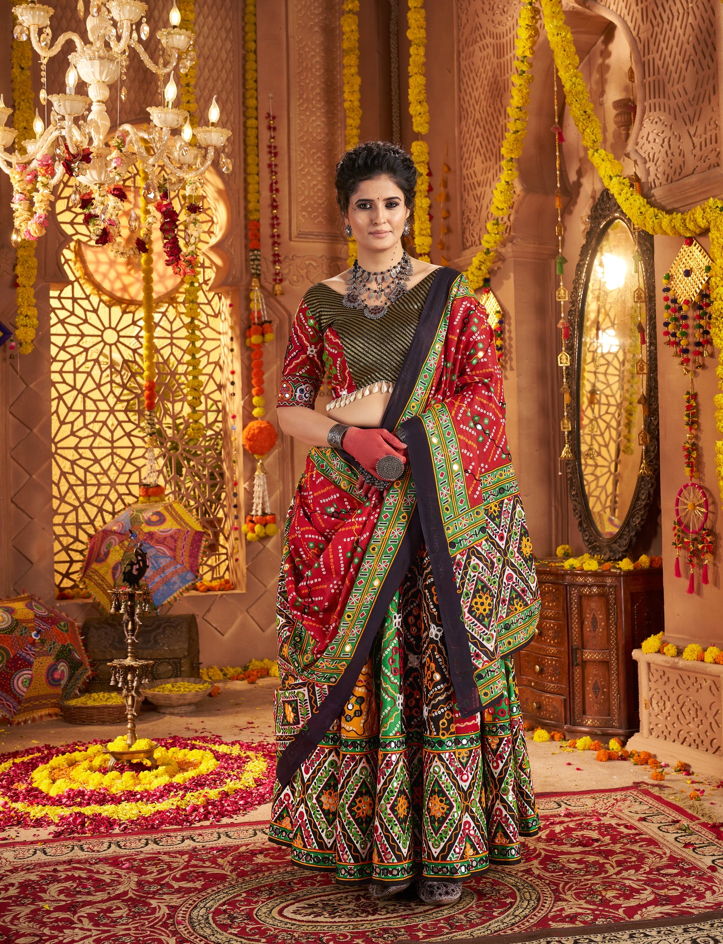 Designer Multicolor Chaniya Choli for Navratri with Aari Foil Work