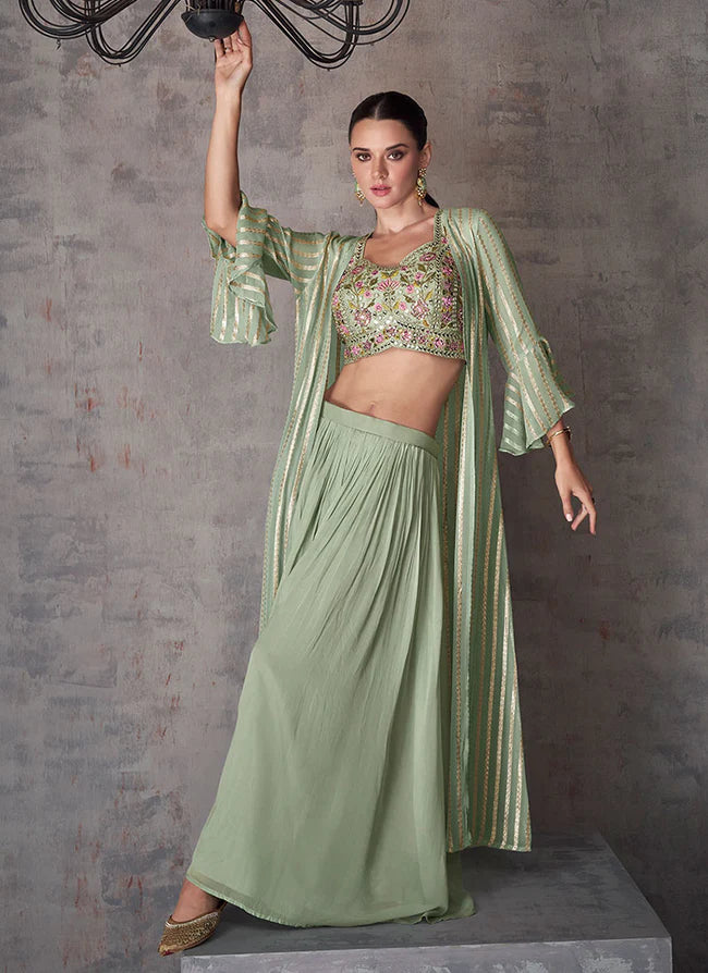 Stylish Sage Green Palazzo Set with Mirror Foil Embroidery