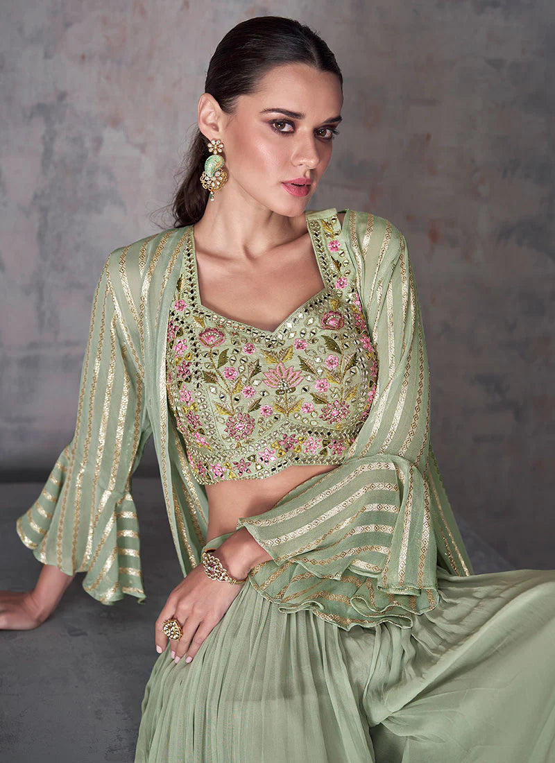 Stylish Sage Green Palazzo Set with Mirror Foil Embroidery