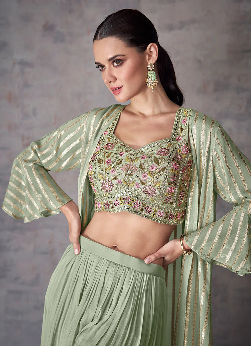 Stylish Sage Green Palazzo Set with Mirror Foil Embroidery